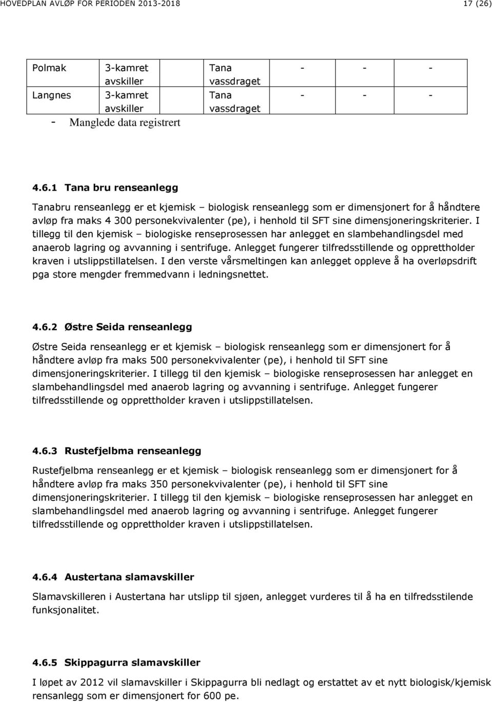 1 Tana bru renseanlegg Tanabru renseanlegg er et kjemisk biologisk renseanlegg som er dimensjonert for å håndtere avløp fra maks 4 300 personekvivalenter (pe), i henhold til SFT sine