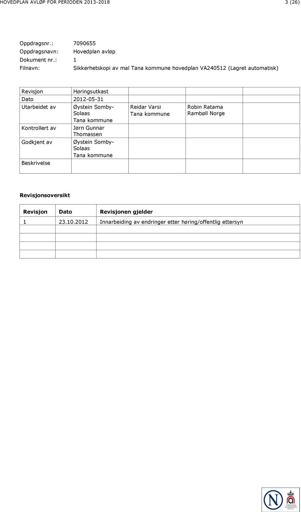av Kontrollert av Godkjent av Beskrivelse Øystein Somby- Solaas Tana kommune Jørn Gunnar Thomassen Øystein Somby- Solaas Tana kommune