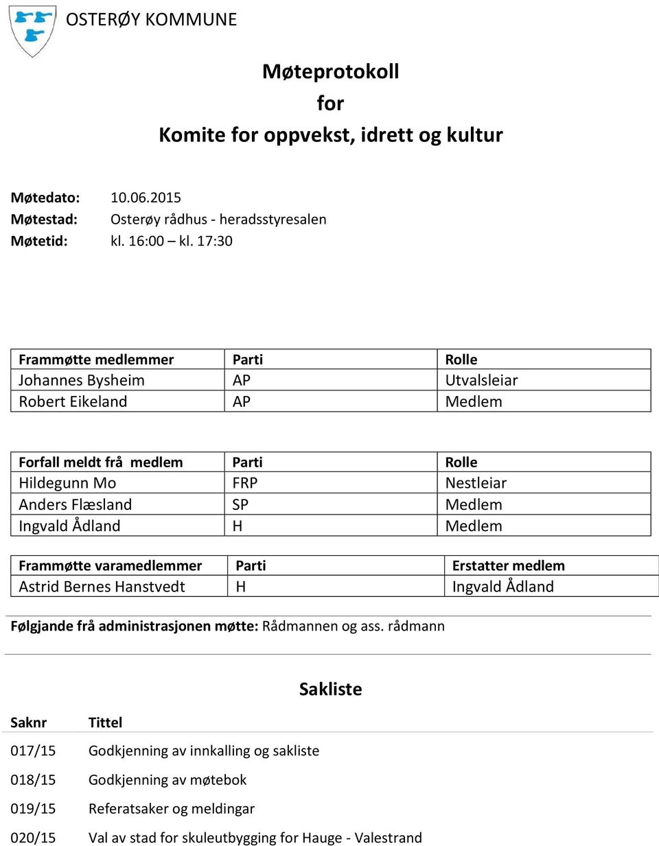 SP Medlem Ingvald Ådland H Medlem Frammøtte varamedlemmer Parti Erstatter medlem Astrid Bernes Hanstvedt H Ingvald Ådland Følgjande frå administrasjonen møtte: Rådmannen og ass.