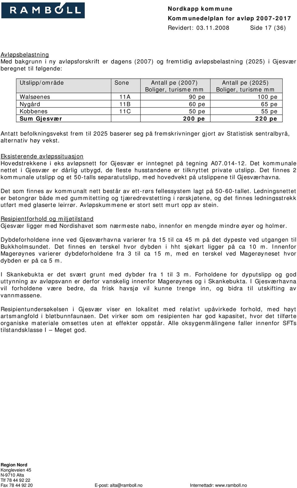 Boliger, turisme mm Antall pe (2025) Boliger, turisme mm Walsøenes 11A 90 pe 100 pe Nygård 11B 60 pe 65 pe Kobbenes 11C 50 pe 55 pe Sum Gjesvær 200 pe 220 pe Antatt befolkningsvekst frem til 2025