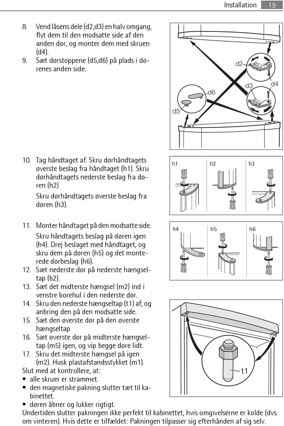 h1 h2 h3 11. Monter håndtaget på den modsatte side. Skru håndtagets beslag på døren igen (h4). Drej beslaget med håndtaget, og skru dem på døren (h5) og det monterede dørbeslag (h6). 12.