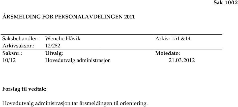 : Utvalg: Møtedato: 10/12 Hovedutvalg administrasjon 21.03.