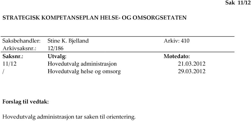 : Utvalg: Møtedato: 11/12 Hovedutvalg administrasjon 21.03.