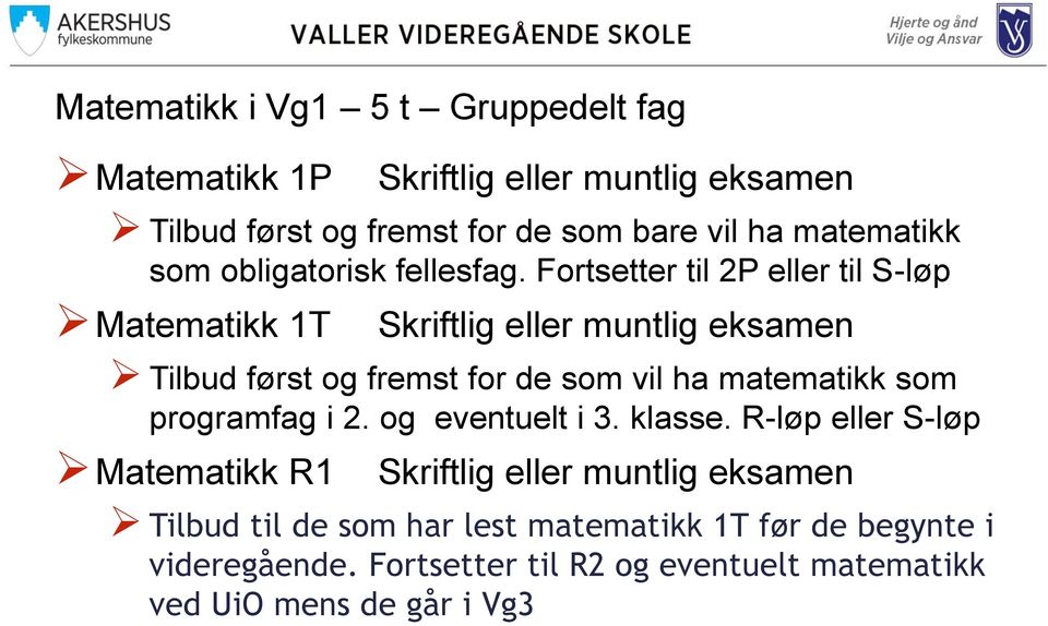 Fortsetter til 2P eller til S-løp Matematikk 1T Skriftlig eller muntlig eksamen Tilbud først og fremst for de som vil ha matematikk som