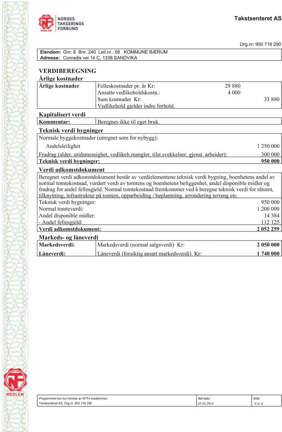 Teknisk verdi bygninger Normale byggekostnader (utregnet som for nybygg): Andelsleilighet 1 250 000 Fradrag (alder, utidsmessighet, vedlikeh.mangler, tilst.svekkelser, gjenst.