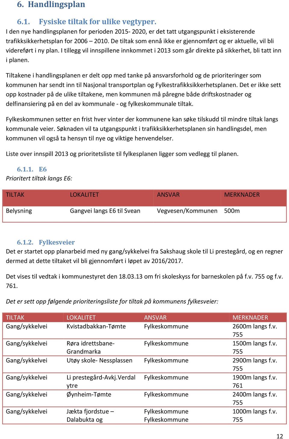 Tiltakene i handlingsplanen er delt opp med tanke på ansvarsforhold og de prioriteringer som kommunen har sendt inn til Nasjonal transportplan og Fylkestrafikksikkerhetsplanen.