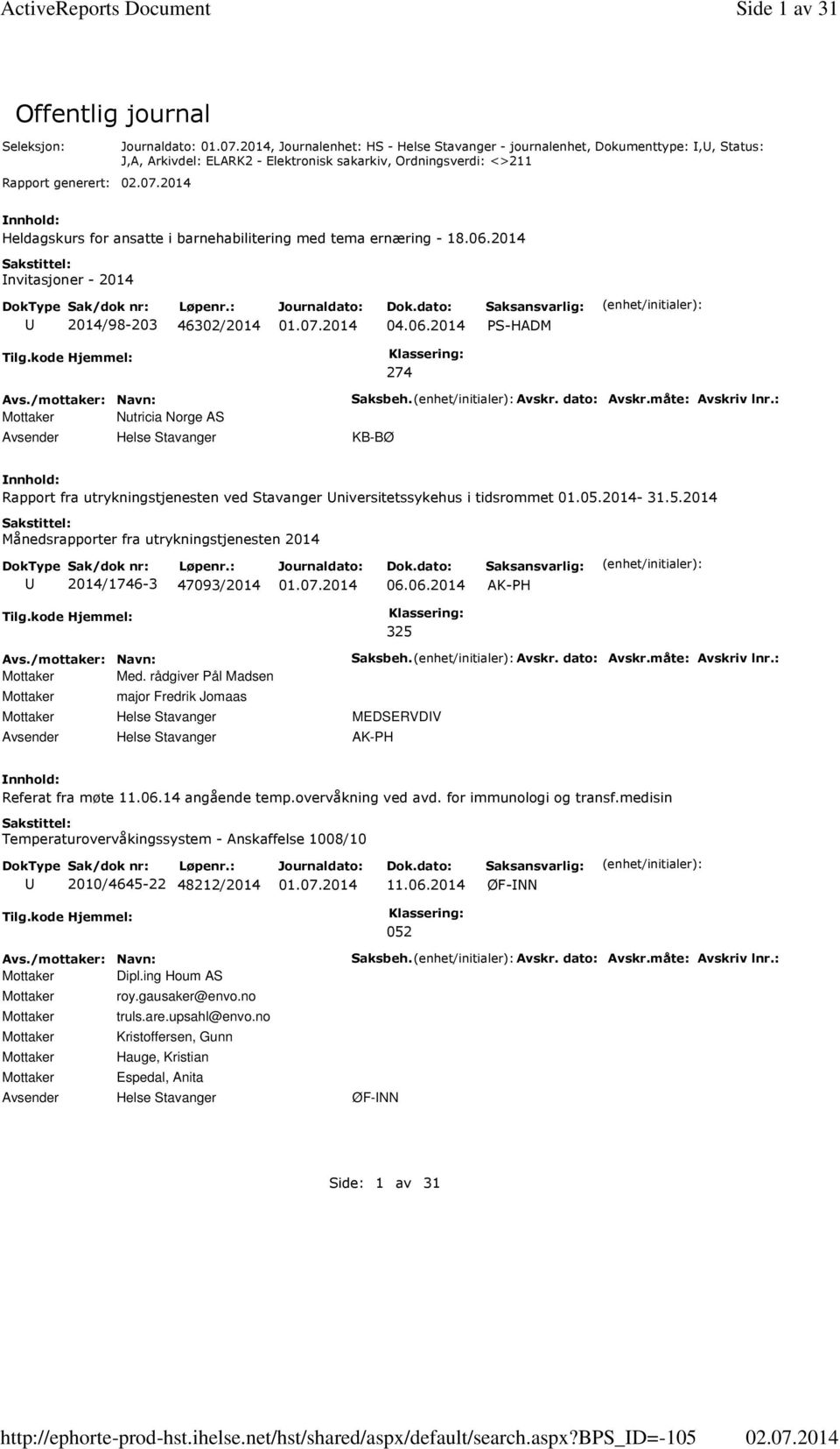 b_d=-105 Side 1 av 31 Offentlig journal Seleksjon: Rapport generert:, Journalenhet: HS - Helse Stavanger - journalenhet, Dokumenttype:,, Status: J,A, Arkivdel: ELARK2 - Elektronisk sakarkiv,