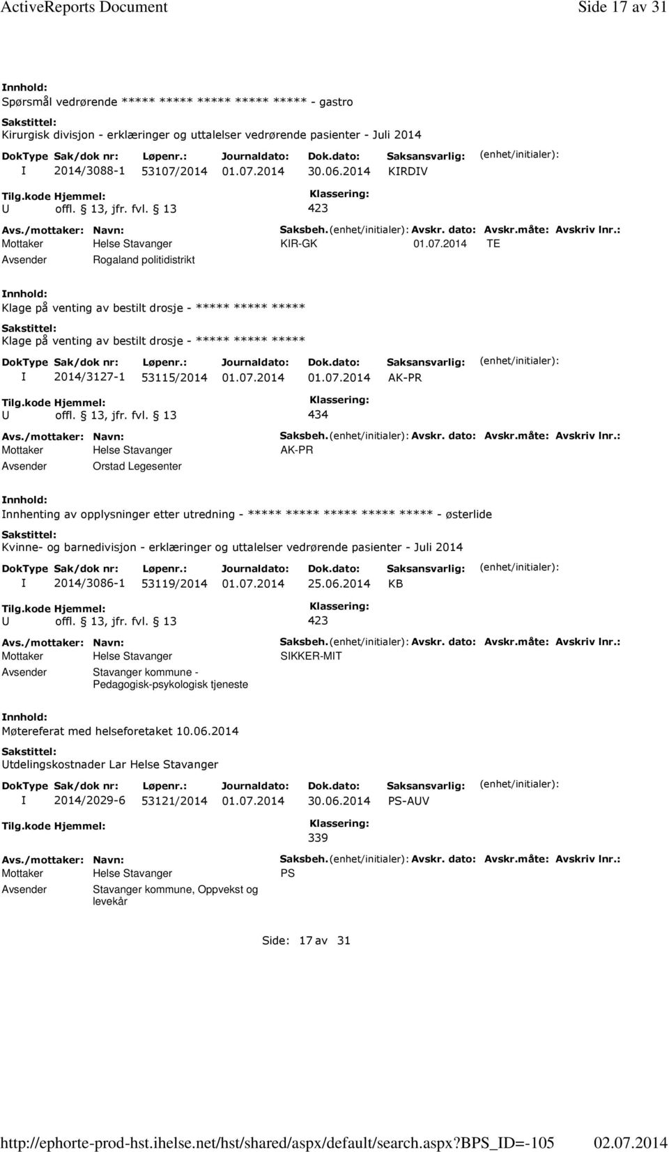 b_d=-105 Side 17 av 31 Spørsmål vedrørende ***** ***** ***** ***** ***** - gastro Kirurgisk divisjon - erklæringer og uttalelser vedrørende pasienter - Juli 2014 2014/3088-1 53107/2014 30.06.