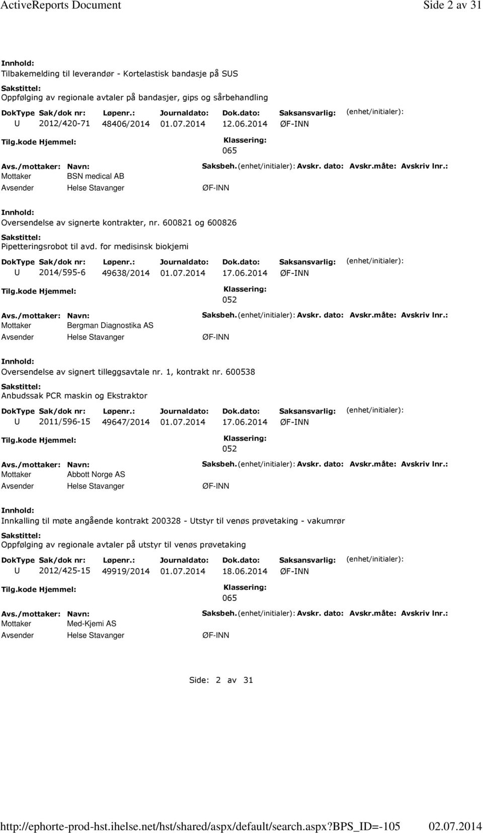 2014 12.06.2014 ØF-NN 065 Mottaker BSN medical AB Saksbeh. Avskr. dato: Avskr.måte: Avskriv lnr.: ØF-NN Oversendelse av signerte kontrakter, nr. 600821 og 600826 Pipetteringsrobot til avd.