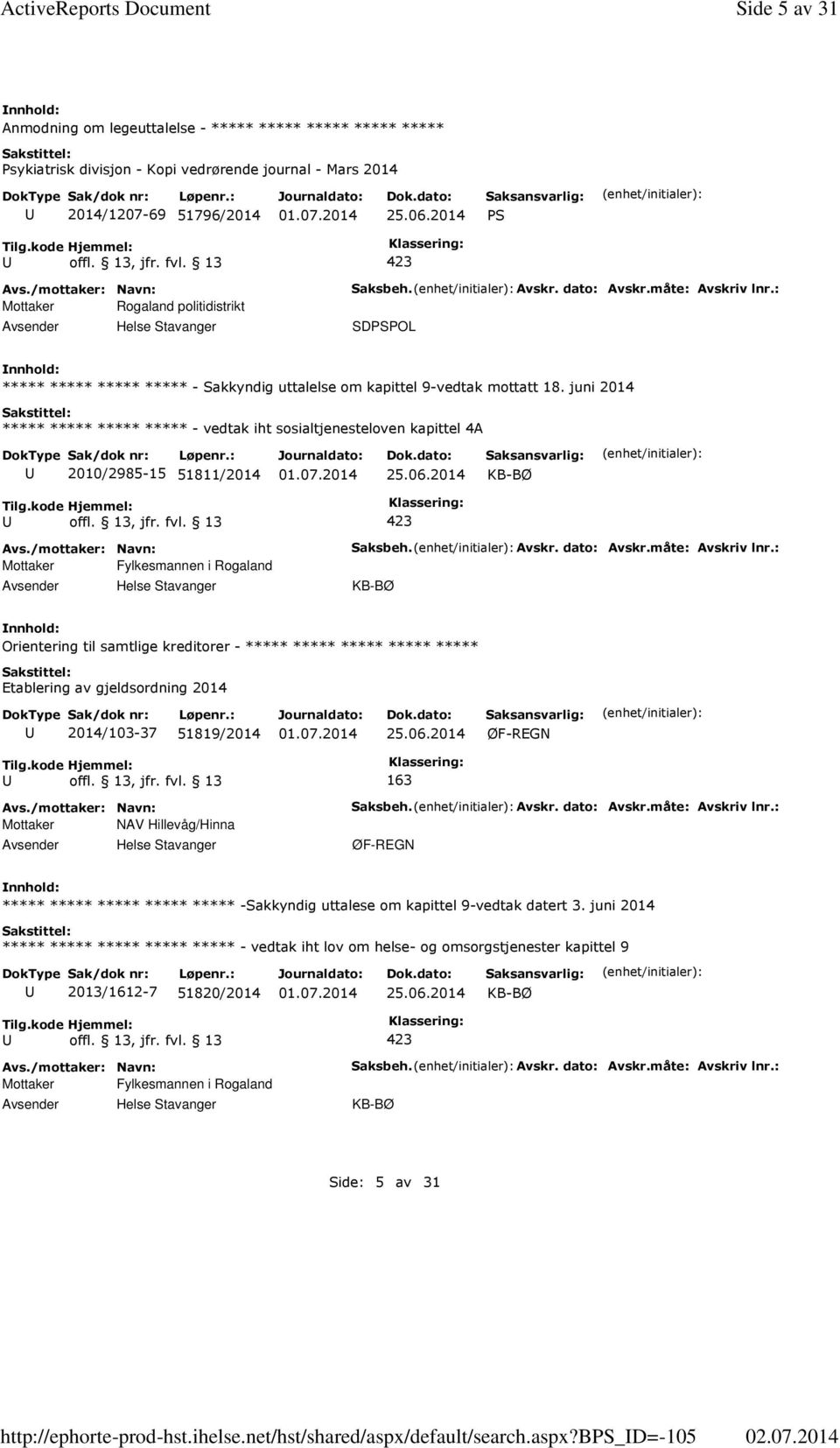 2014 Mottaker Rogaland politidistrikt Saksbeh. Avskr. dato: Avskr.måte: Avskriv lnr.: SDPOL ***** ***** ***** ***** - Sakkyndig uttalelse om kapittel 9-vedtak mottatt 18.