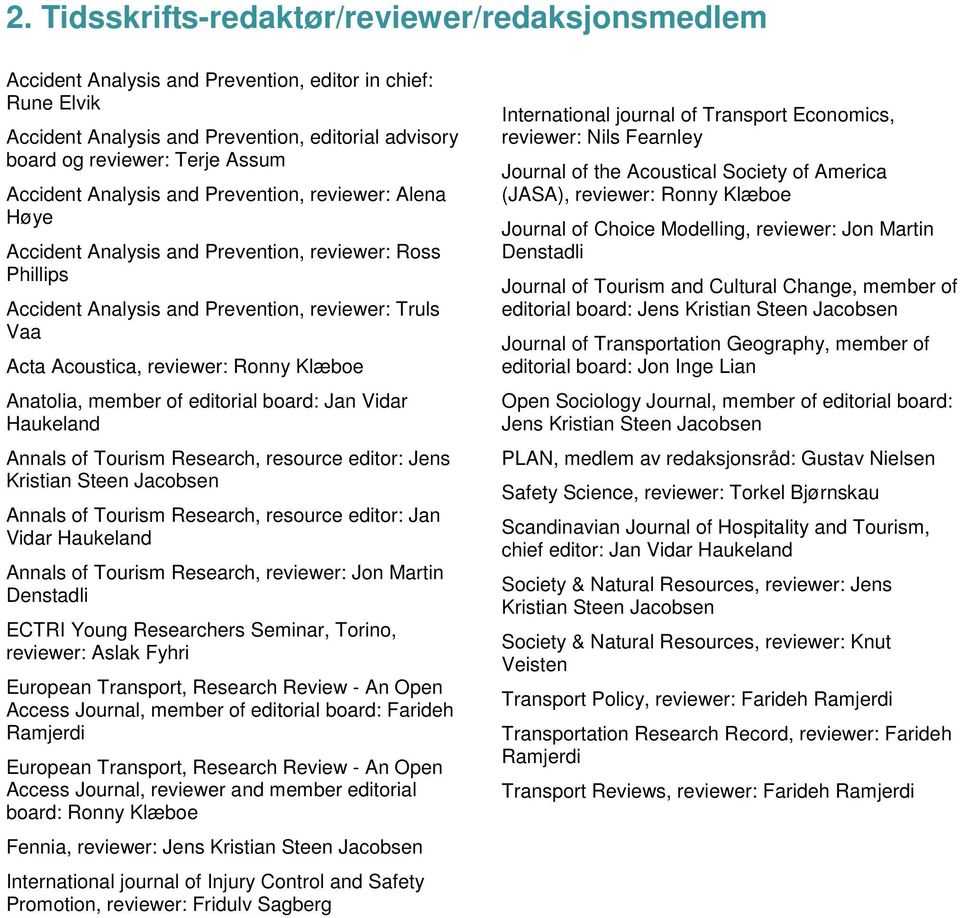 Klæboe Anatolia, member of editorial board: Jan Vidar Haukeland Annals of Tourism Research, resource editor: Jens Kristian Steen Jacobsen Annals of Tourism Research, resource editor: Jan Vidar