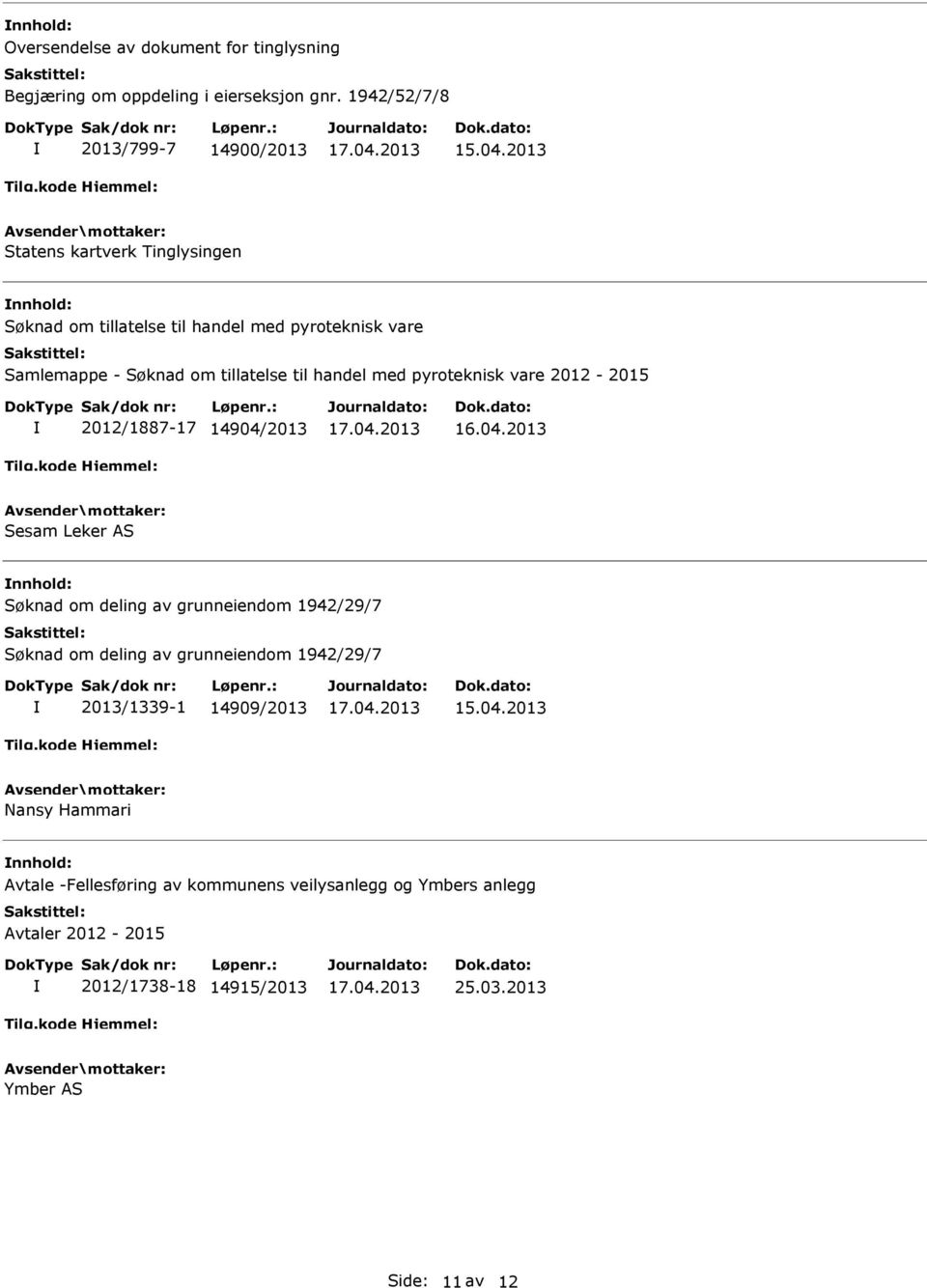 tillatelse til handel med pyroteknisk vare 2012-2015 2012/1887-17 14904/2013 Sesam Leker Søknad om deling av grunneiendom 1942/29/7 Søknad om