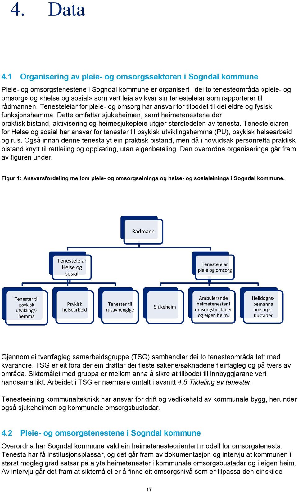 av kvar sin tenesteleiar som rapporterer til rådmannen. Tenesteleiar for pleie- og omsorg har ansvar for tilbodet til dei eldre og fysisk funksjonshemma.