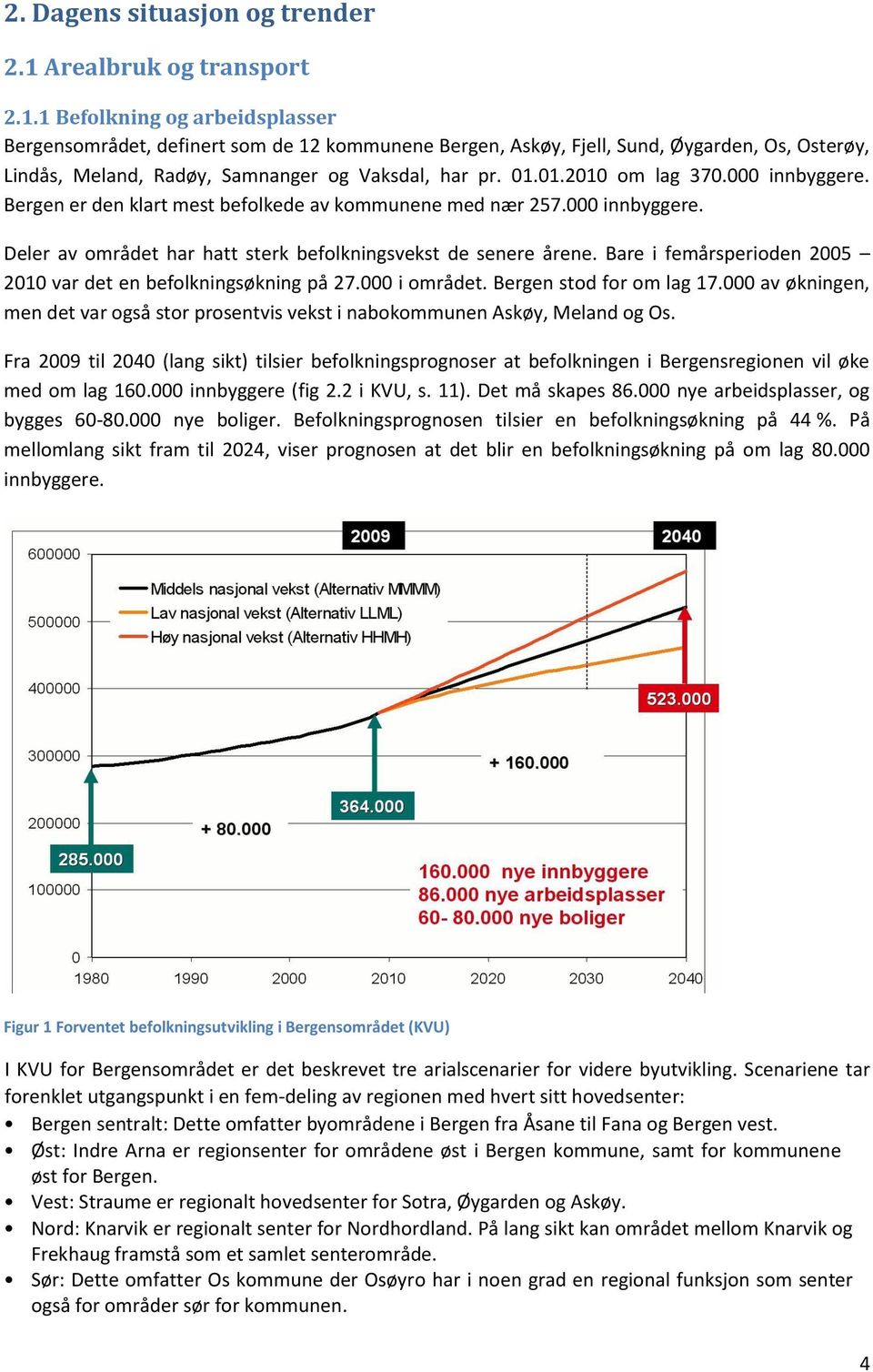 1 Befolkning og arbeidsplasser Bergensområdet, definert som de 12 kommunene Bergen, Askøy, Fjell, Sund, Øygarden, Os, Osterøy, Lindås, Meland, Radøy, Samnanger og Vaksdal, har pr. 01.01.2010 om lag 370.