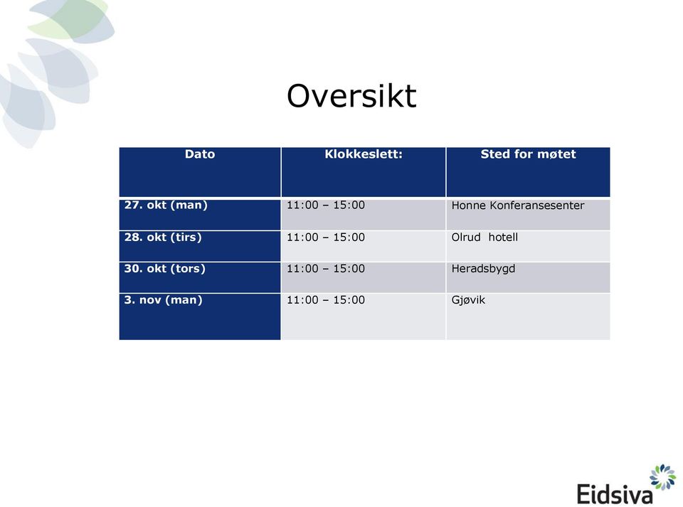 okt (tirs) 11:00 15:00 Olrud hotell 30.