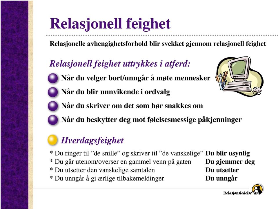 følelsesmessige påkjenninger Hverdagsfeighet * Du ringer til de snille og skriver til de vanskelige Du blir usynlig * Du går