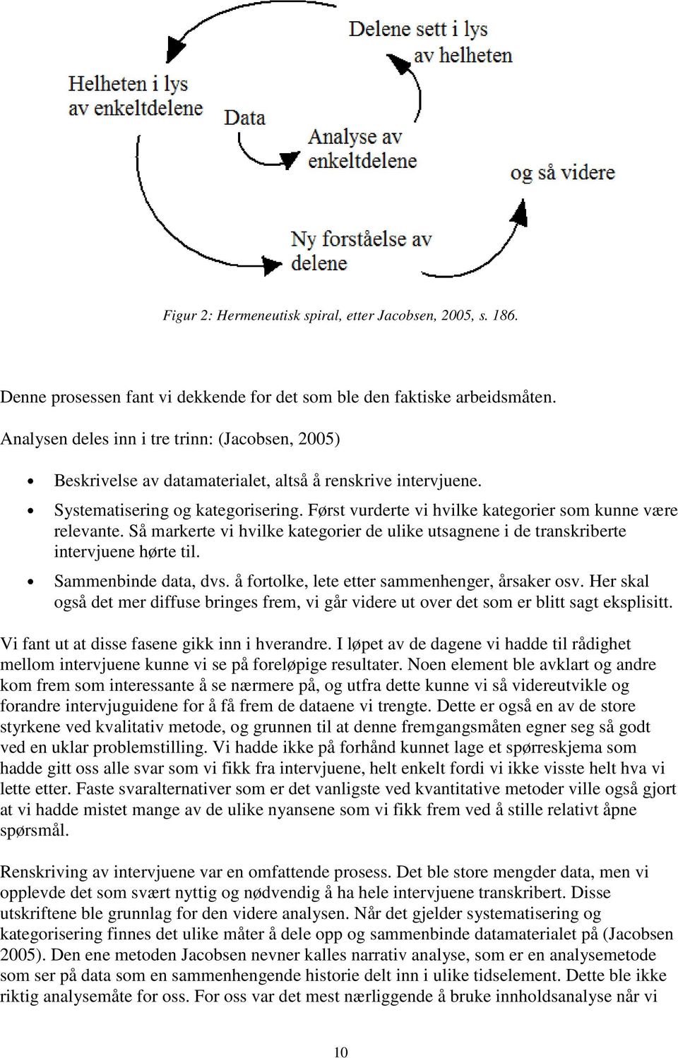 Først vurderte vi hvilke kategorier som kunne være relevante. Så markerte vi hvilke kategorier de ulike utsagnene i de transkriberte intervjuene hørte til. Sammenbinde data, dvs.