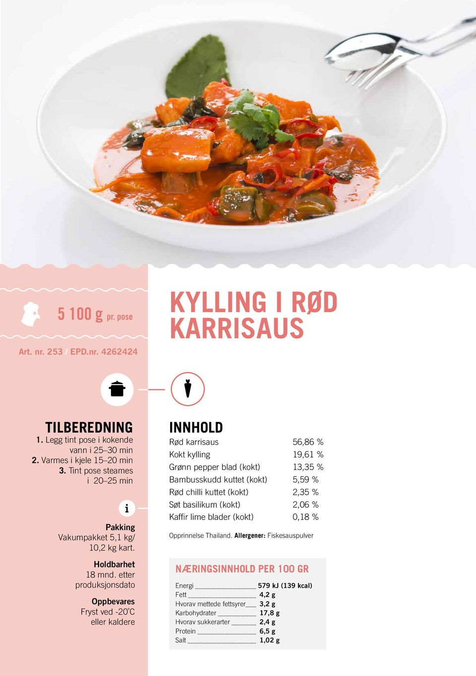 Rød karrsaus 56,86 % Kokt kyllng 19,61 % Grønn pepper blad (kokt) 13,35 % Bambusskudd kuttet (kokt) 5,59 % Rød chll kuttet (kokt)