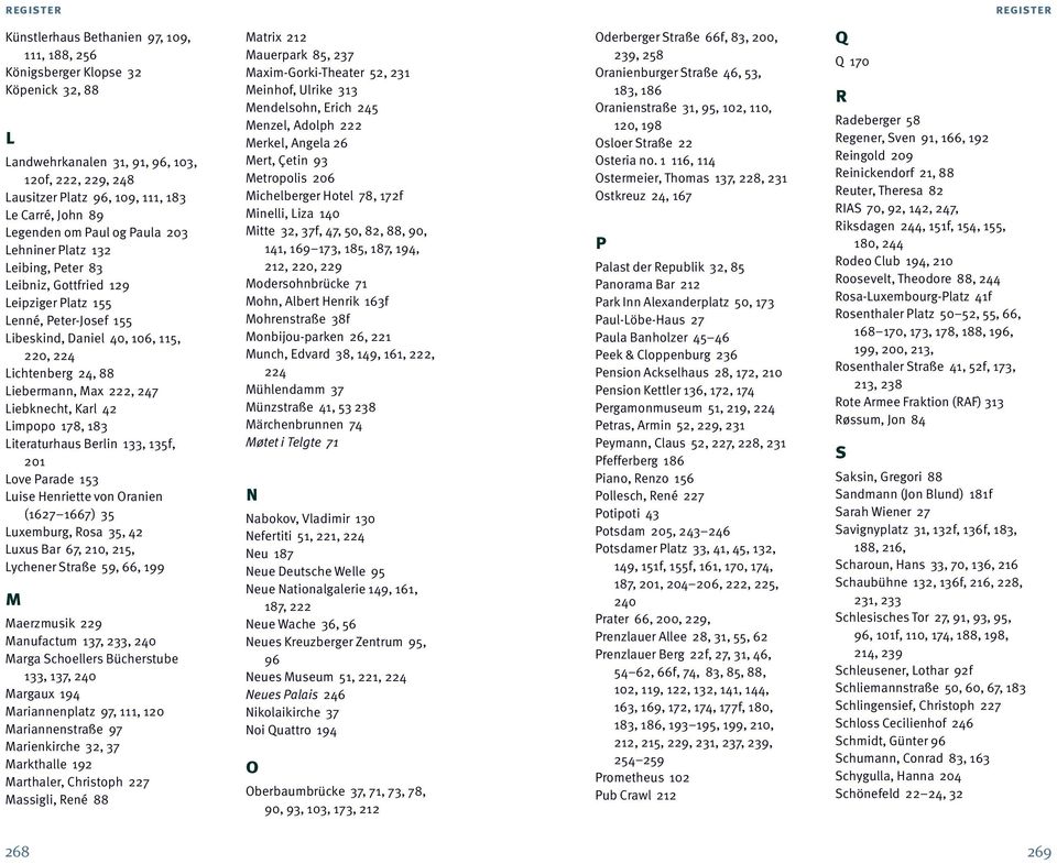 Liebermann, Max 222, 247 Liebknecht, Karl 42 Limpopo 178, 183 Literaturhaus Berlin 133, 135f, 201 Love Parade 153 Luise Henriette von Oranien (1627 1667) 35 Luxemburg, Rosa 35, 42 Luxus Bar 67, 210,