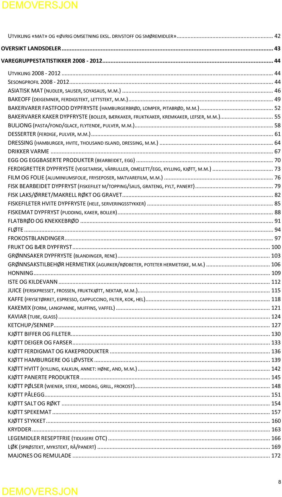 M.)... 55 BULJONG (PASTA/FOND/GLACE, FLYTENDE, PULVER, M.M.)... 58 DESSERTER (FERDIGE, PULVER, M.M.)... 61 DRESSING (HAMBURGER, HVITE, THOUSAND ISLAND, DRESSING, M.M.)... 64 DRIKKER VARME.