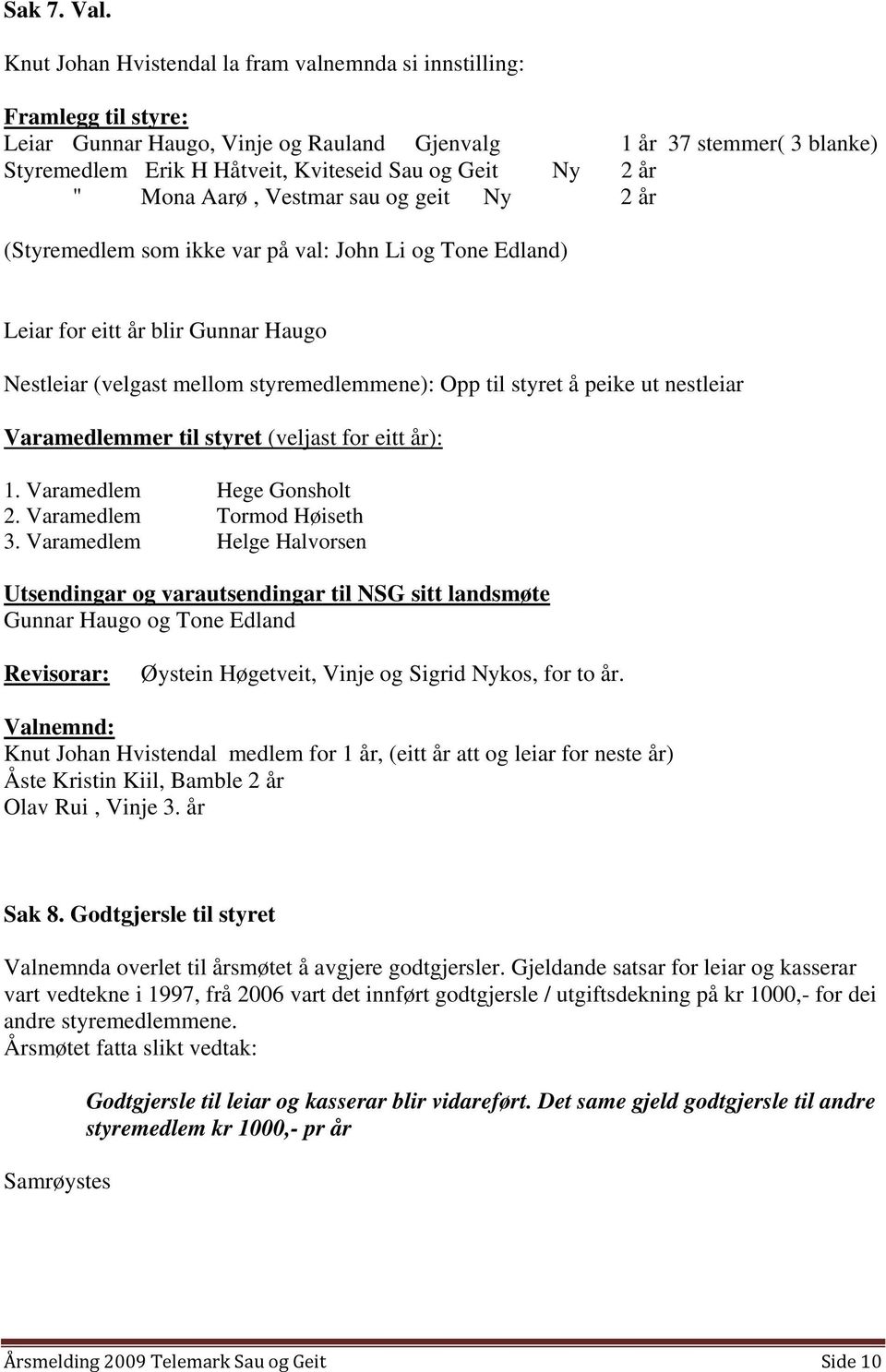 Ny 2 år " Mona Aarø, Vestmar sau og geit Ny 2 år (Styremedlem som ikke var på val: John Li og Tone Edland) Leiar for eitt år blir Gunnar Haugo Nestleiar (velgast mellom styremedlemmene): Opp til