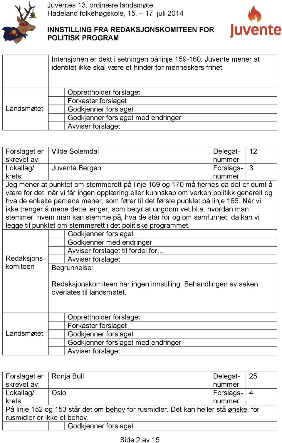 med endringer Forslaget er Vilde Solemdal Delegat- 12 Lokallag/ Juvente Bergen 3 Jeg mener at punktet om stemmerett på linje 169 og 170 må fjernes da det er dumt å være for det, når vi får ingen