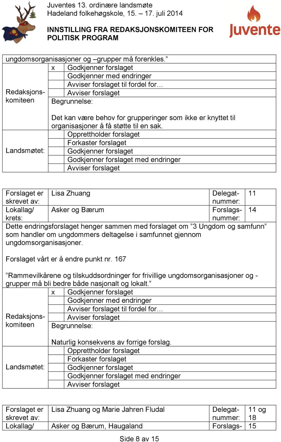 x til fordel for Forslaget er Lisa Zhuang Delegat- 11 Lokallag/ Asker og Bærum 14 Dette endringsforslaget henger sammen med forslaget om 3 Ungdom og samfunn som handler om ungdommers