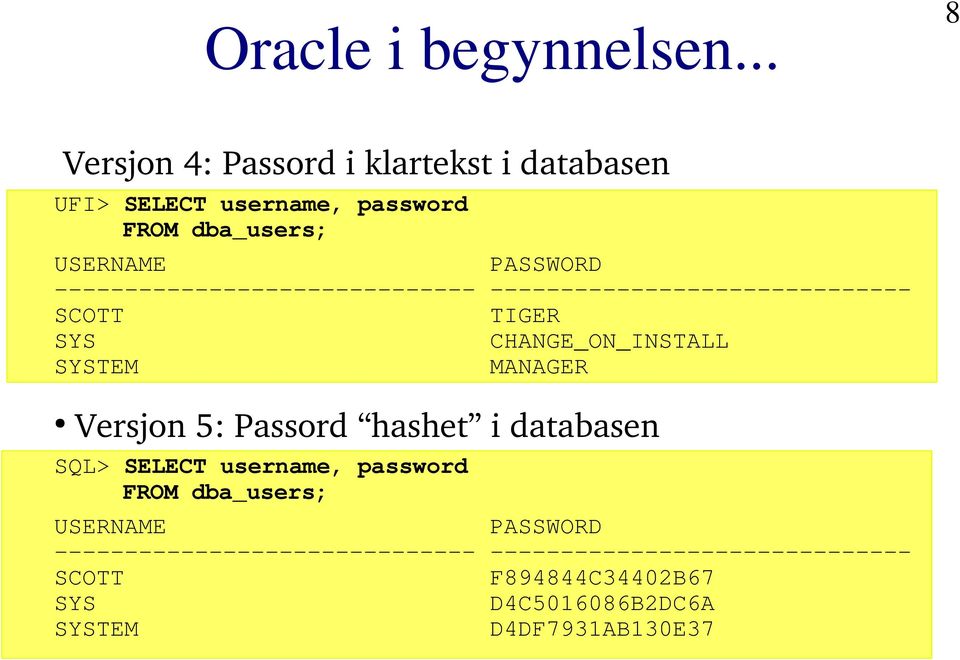 ------------------------------ ------------------------------ SCOTT TIGER SYS CHANGE_ON_INSTALL SYSTEM MANAGER Versjon