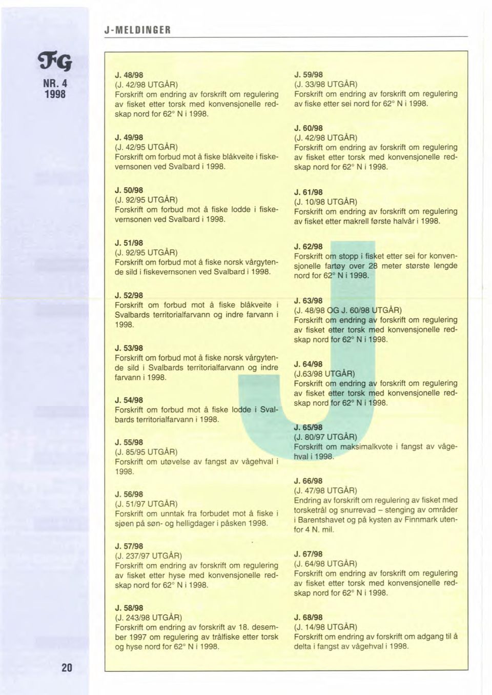 33/98 LJTGAR) Forskrift om endring av forskrift om regulering av fiske etter sei nord for 62" N i 1998. J. 60/98 (J.