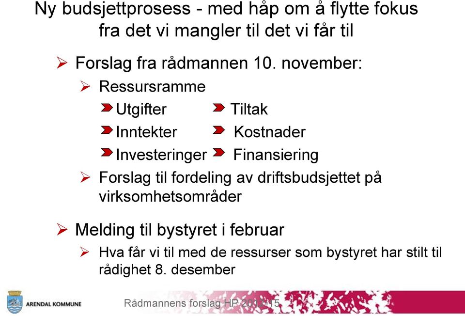 november: Ressursramme Utgifter Inntekter Investeringer Tiltak Kostnader Finansiering