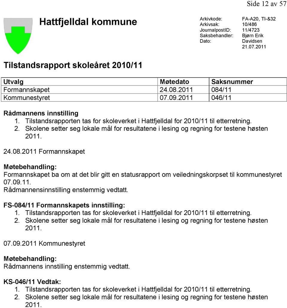Tilstandsrapporten tas for skoleverket i Hattfjelldal for 2010/11 til etterretning. 2. Skolene setter seg lokale mål for resultatene i lesing og regning for testene høsten 2011. 24.08.