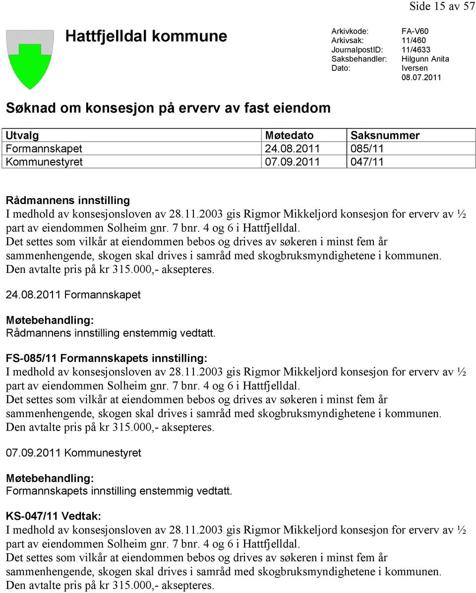 11.2003 gis Rigmor Mikkeljord konsesjon for erverv av ½ part av eiendommen Solheim gnr. 7 bnr. 4 og 6 i Hattfjelldal.