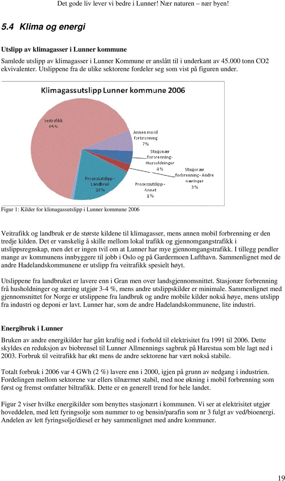 Figur 1: Kilder for klimagassutslipp i Lunner kommune 2006 Veitrafikk og landbruk er de største kildene til klimagasser, mens annen mobil forbrenning er den tredje kilden.