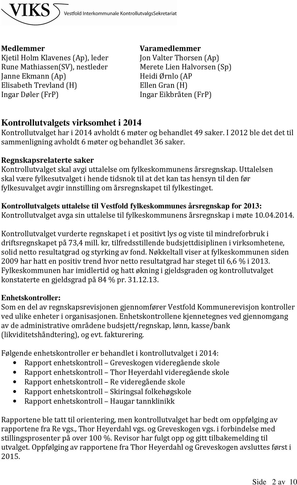 I 2012 ble det det til sammenligning avholdt 6 møter og behandlet 36 saker. Regnskapsrelaterte saker Kontrollutvalget skal avgi uttalelse om fylkeskommunens årsregnskap.