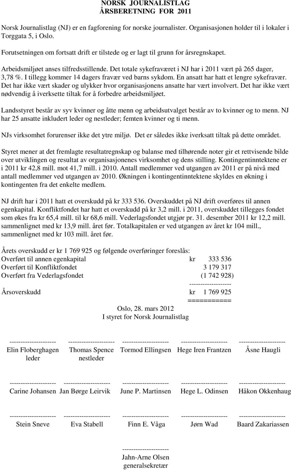 I tillegg kommer 14 dagers fravær ved barns sykdom. En ansatt har hatt et lengre sykefravær. Det har ikke vært skader og ulykker hvor organisasjonens ansatte har vært involvert.