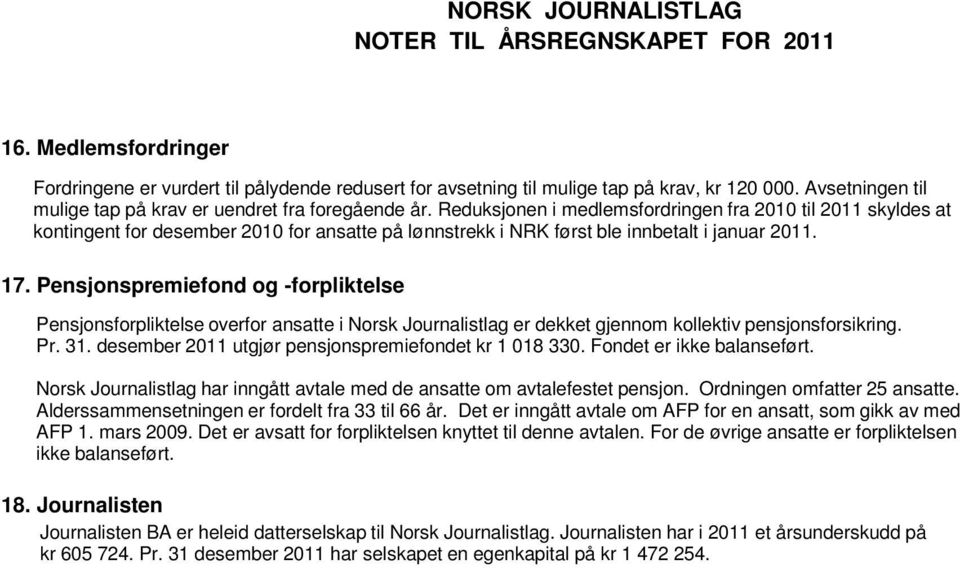 Pensjonspremiefond og -forpliktelse Pensjonsforpliktelse overfor ansatte i Norsk Journalistlag er dekket gjennom kollektiv pensjonsforsikring. Pr. 31.