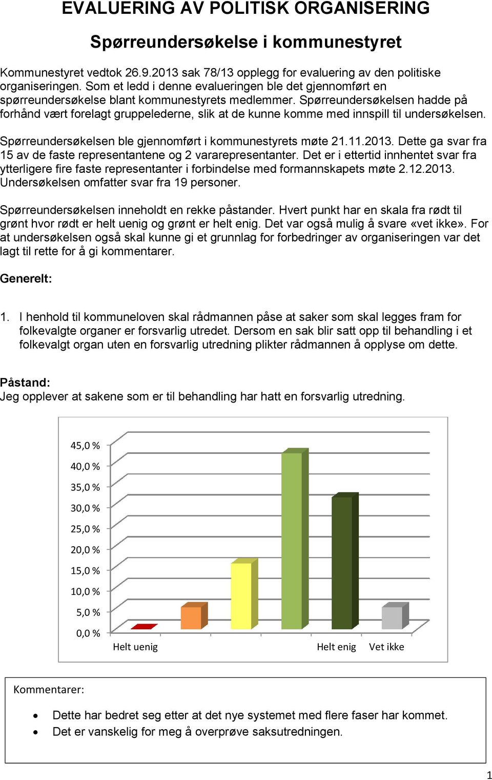 Spørreundersøkelsen hadde på forhånd vært forelagt gruppelederne, slik at de kunne komme med innspill til undersøkelsen. Spørreundersøkelsen ble gjennomført i kommunestyrets møte 21.11.2013.