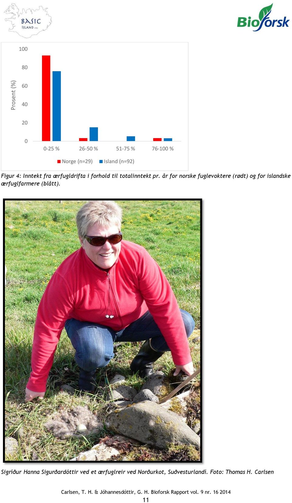 år for norske fuglevoktere (rødt) og for islandske ærfuglfarmere (blått).