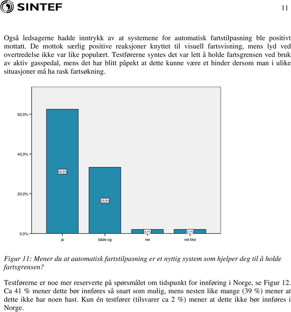 Testførerne syntes det var lett å holde fartsgrensen ved bruk av aktiv gasspedal, mens det har blitt påpekt at dette kunne være et hinder dersom man i ulike situasjoner må ha rask fartsøkning.