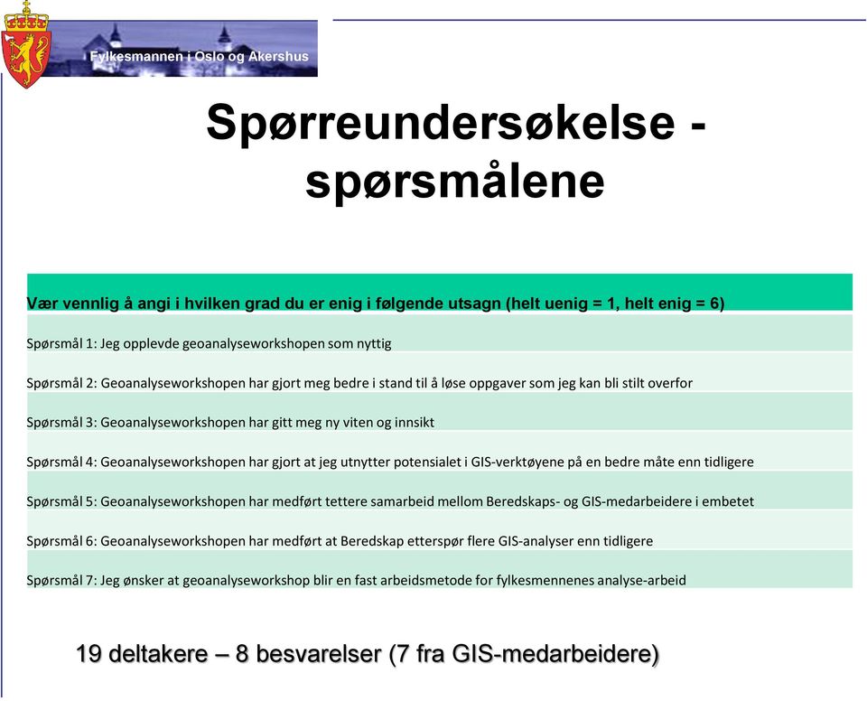 har gjort at jeg utnytter potensialet i GIS-verktøyene på en bedre måte enn tidligere Spørsmål 5: Geoanalyseworkshopen har medført tettere samarbeid mellom Beredskaps- og GIS-medarbeidere i embetet