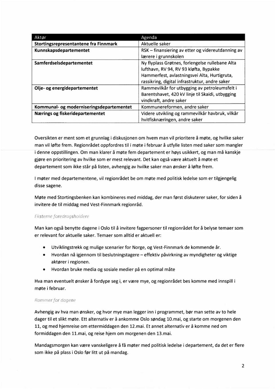 avlastningsvei Alta, Hurtigruta, rassikring, digital infrastruktur, andre saker Rammevilkår for utbygging av petroleumsfelt i Barentshavet, 420 kv linje til Skaidi, utbygging vindkraft, andre saker