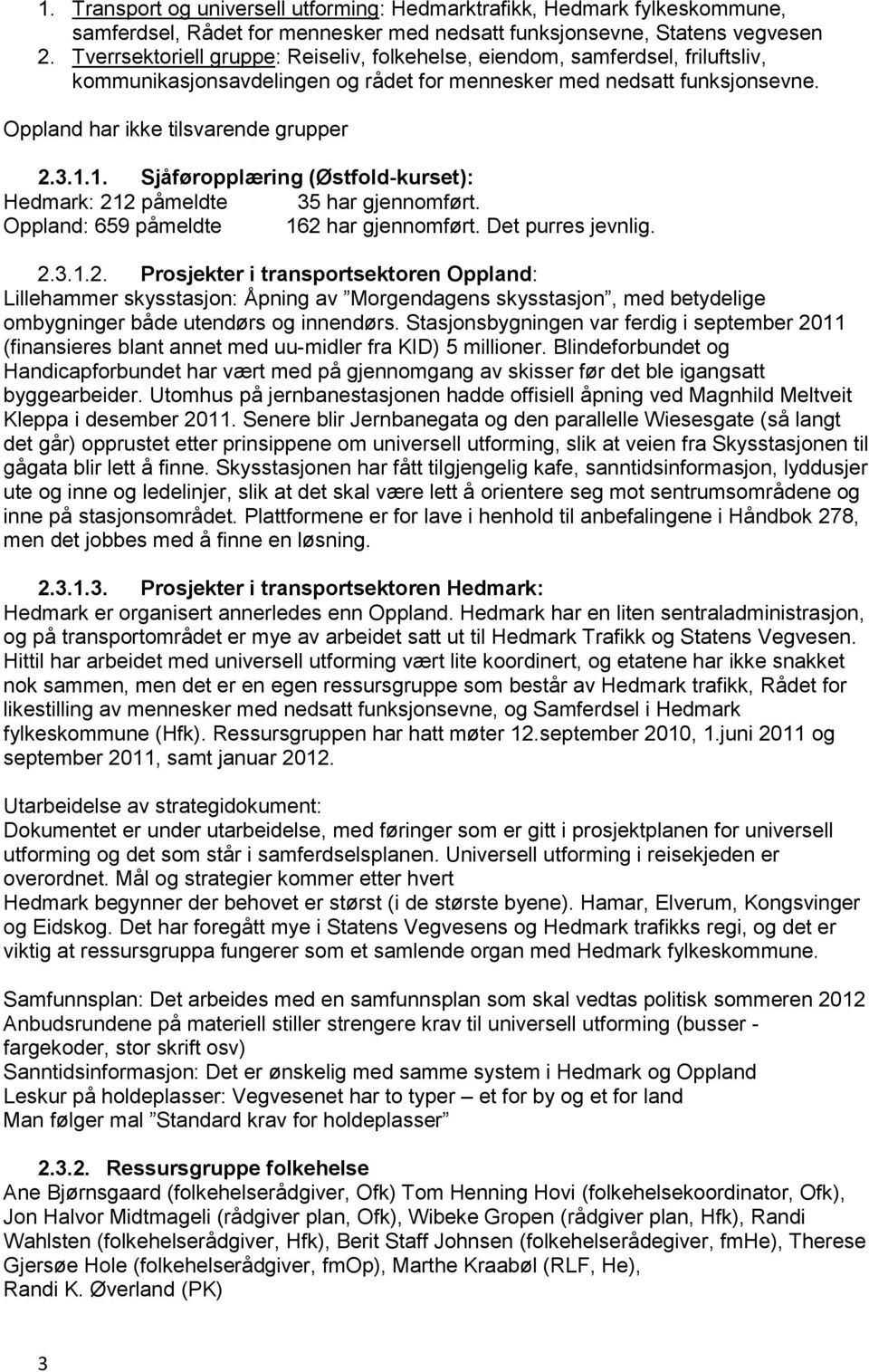 1. Sjåførpplæring (Østfld-kurset): Hedmark: 212 påmeldte 35 har gjennmført. Oppland: 659 påmeldte 162 har gjennmført. Det purres jevnlig. 2.3.1.2. Prsjekter i transprtsektren Oppland: Lillehammer skysstasjn: Åpning av Mrgendagens skysstasjn, med betydelige mbygninger både utendørs g innendørs.