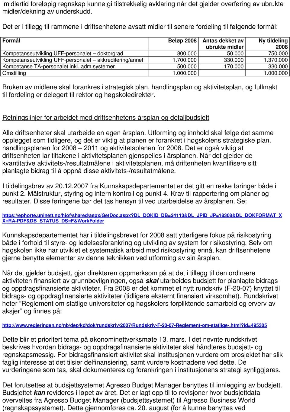 UFF-personalet doktorgrad 800.000 50.000 750.000 Kompetanseutvikling UFF-personalet akkreditering/annet 1.700.000 330.000 1.370.000 Kompetanse TA-personalet inkl. adm.systemer 500.000 170.000 330.000 Omstilling 1.