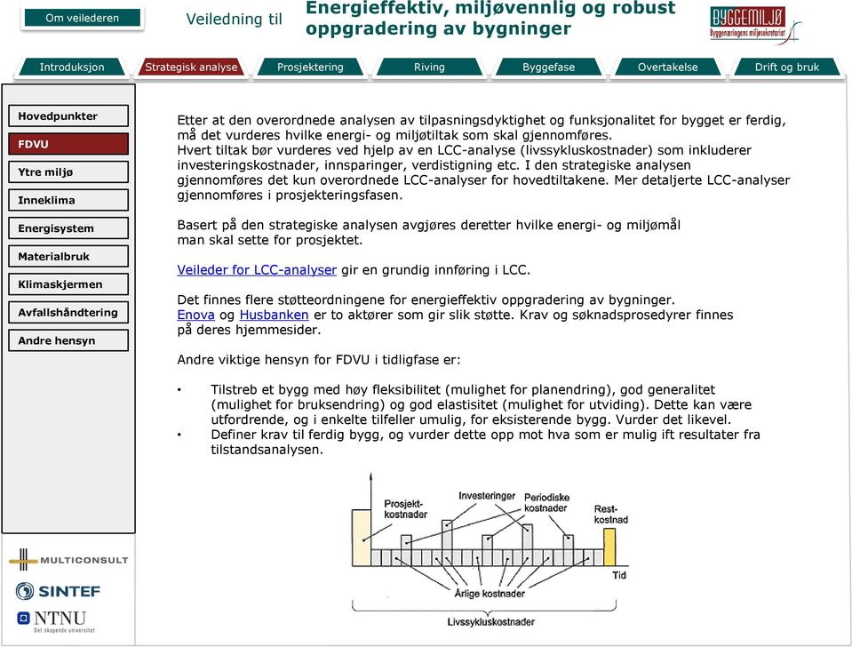 I den strategiske analysen gjennomføres det kun overordnede LCC-analyser for hovedtiltakene. Mer detaljerte LCC-analyser gjennomføres i prosjekteringsfasen.