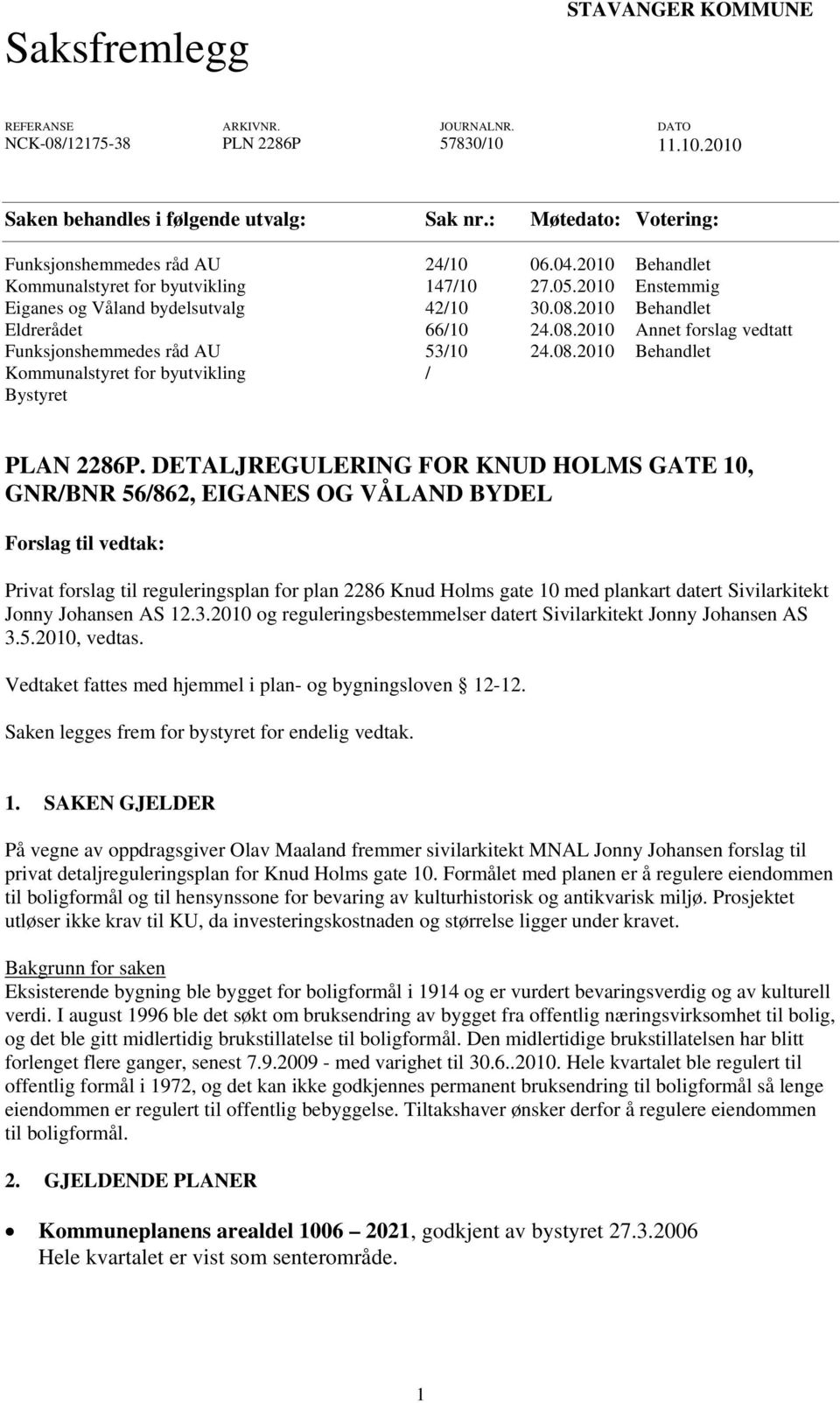 2010 Behandlet Eldrerådet 66/10 24.08.2010 Annet forslag vedtatt Funksjonshemmedes råd AU 53/10 24.08.2010 Behandlet Kommunalstyret for byutvikling / Bystyret PLAN 2286P.