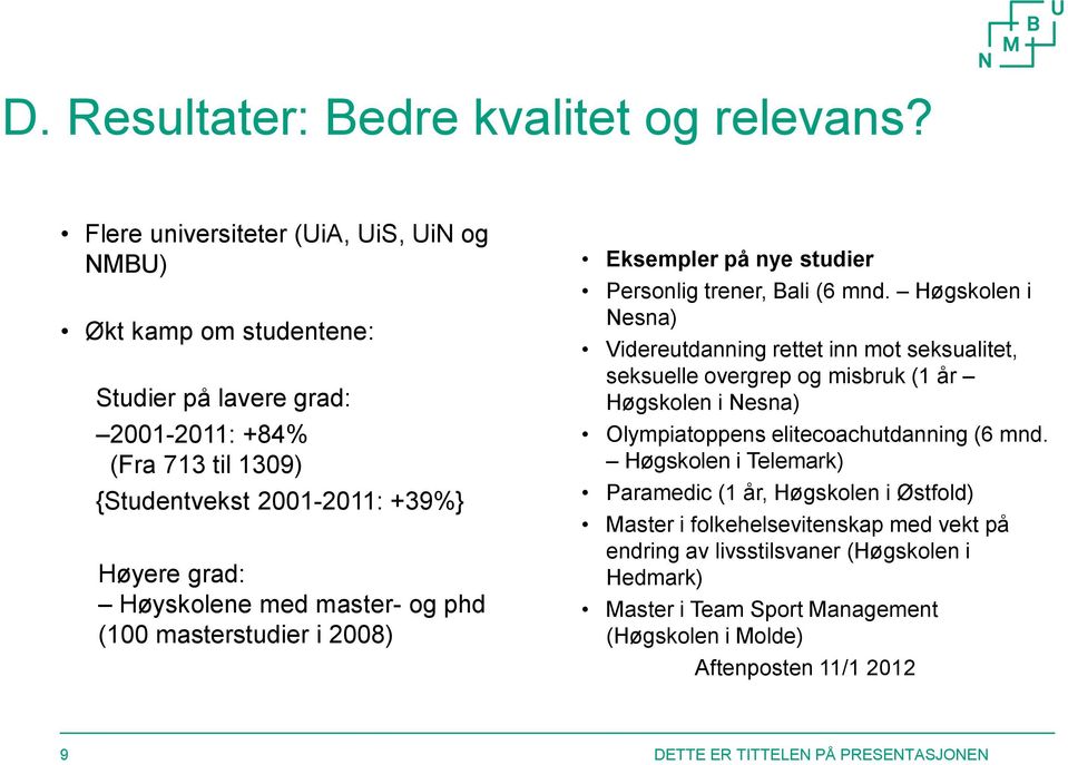 Høyskolene med master- og phd (100 masterstudier i 2008) Eksempler på nye studier Personlig trener, Bali (6 mnd.