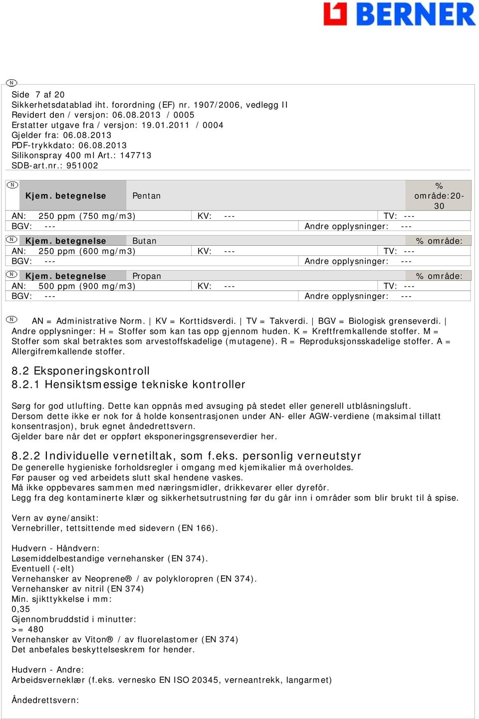 betegnelse Propan % område: AN: 500 ppm (900 mg/m3) KV: --- TV: --- BGV: --- Andre opplysninger: --- AN = Administrative Norm. KV = Korttidsverdi. TV = Takverdi. BGV = Biologisk grenseverdi.