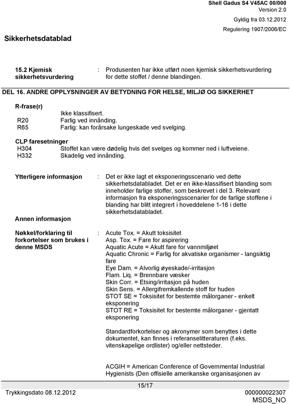 CLP faresetninger H304 Stoffet kan være dødelig hvis det svelges og kommer ned i luftveiene. H332 Skadelig ved innånding.