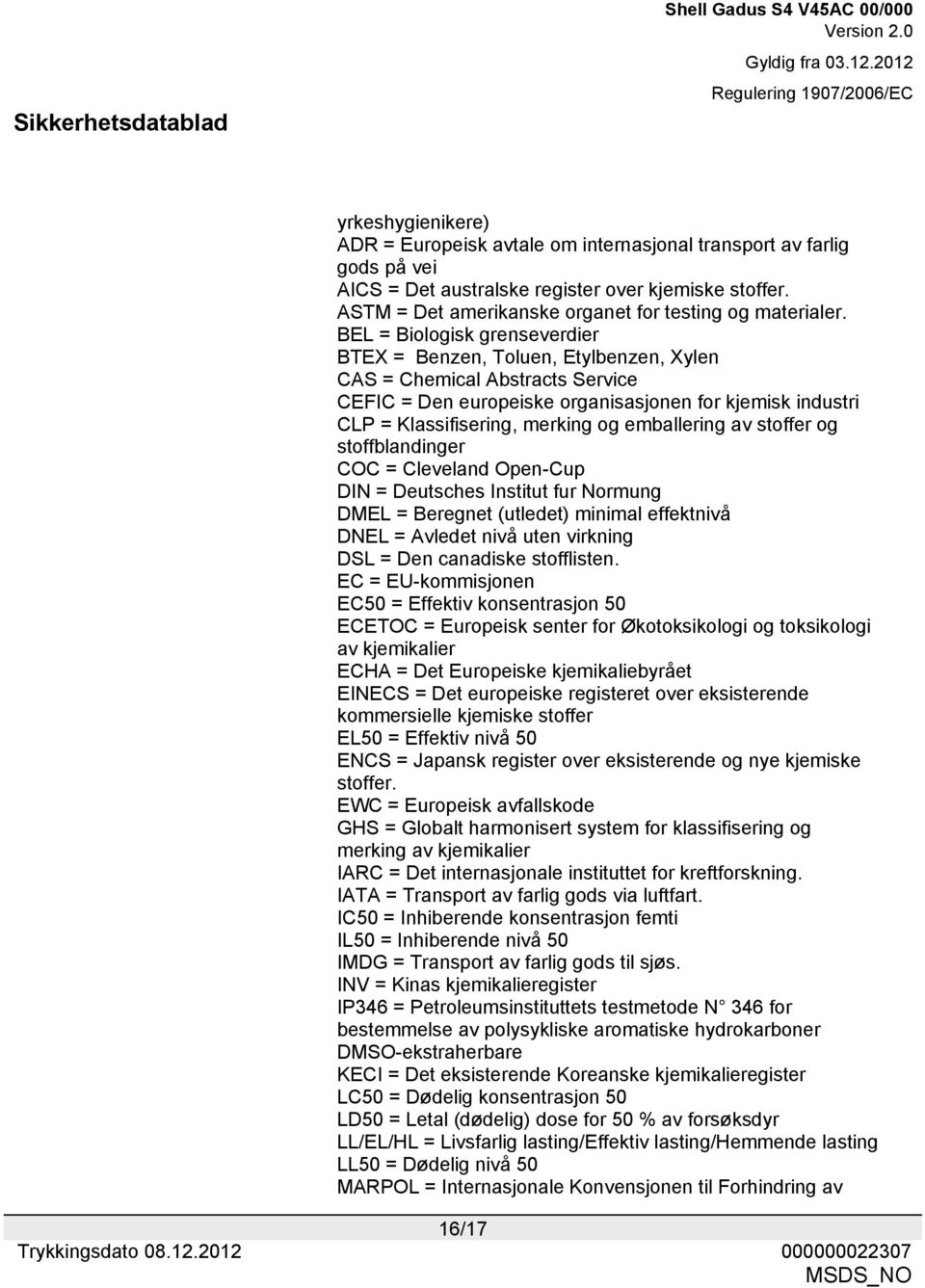 BEL = Biologisk grenseverdier BTEX = Benzen, Toluen, Etylbenzen, Xylen CAS = Chemical Abstracts Service CEFIC = Den europeiske organisasjonen for kjemisk industri CLP = Klassifisering, merking og