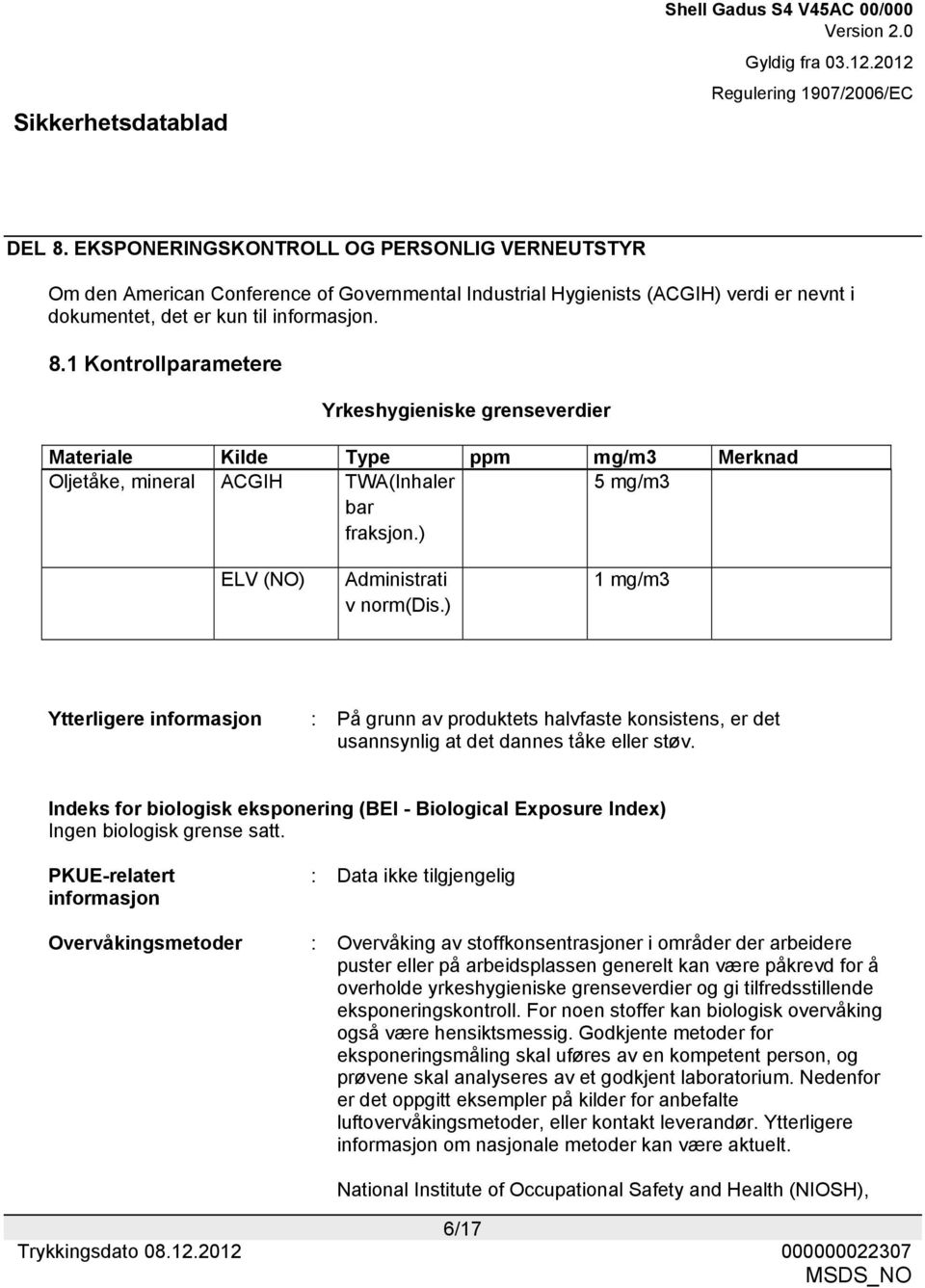 Indeks for biologisk eksponering (BEI - Biological Exposure Index) Ingen biologisk grense satt.